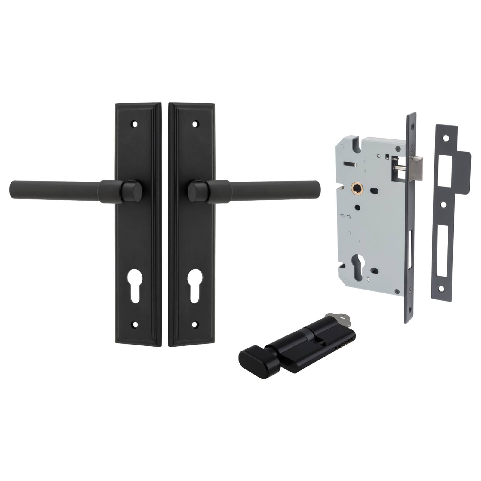 Helsinki Lever Stepped Backplate Entrance Kit w High Security Lock Matt Black