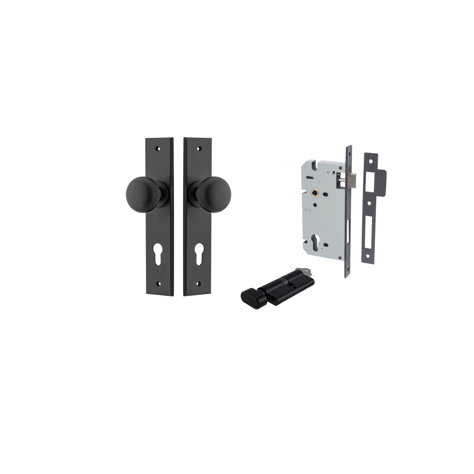Cambridge Knob Chamfered Backplate Entrance Kit w High Security Lock Matt Black