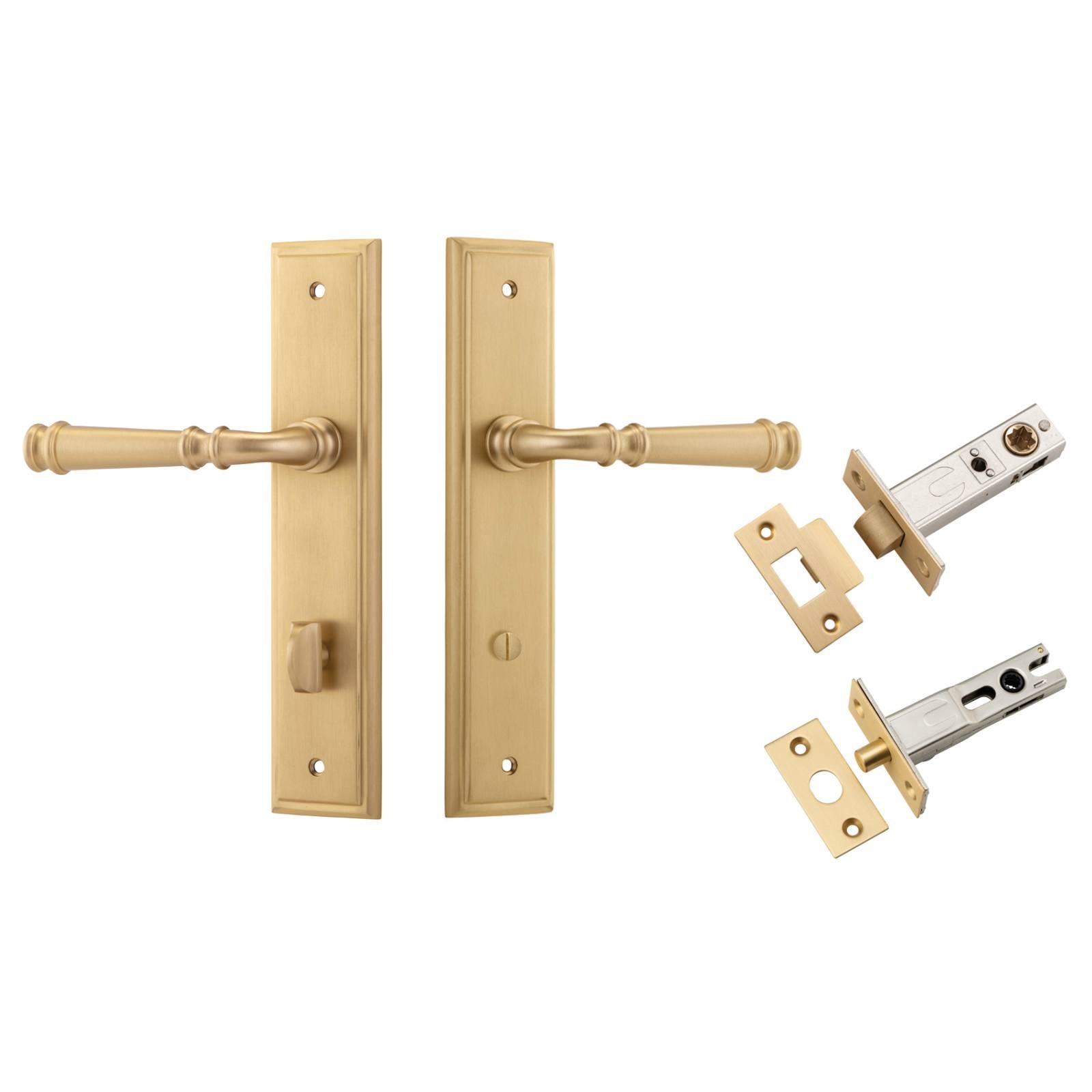 Verona Lever Stepped Backplate Privacy Kit w Privacy Turn Brushed Brass