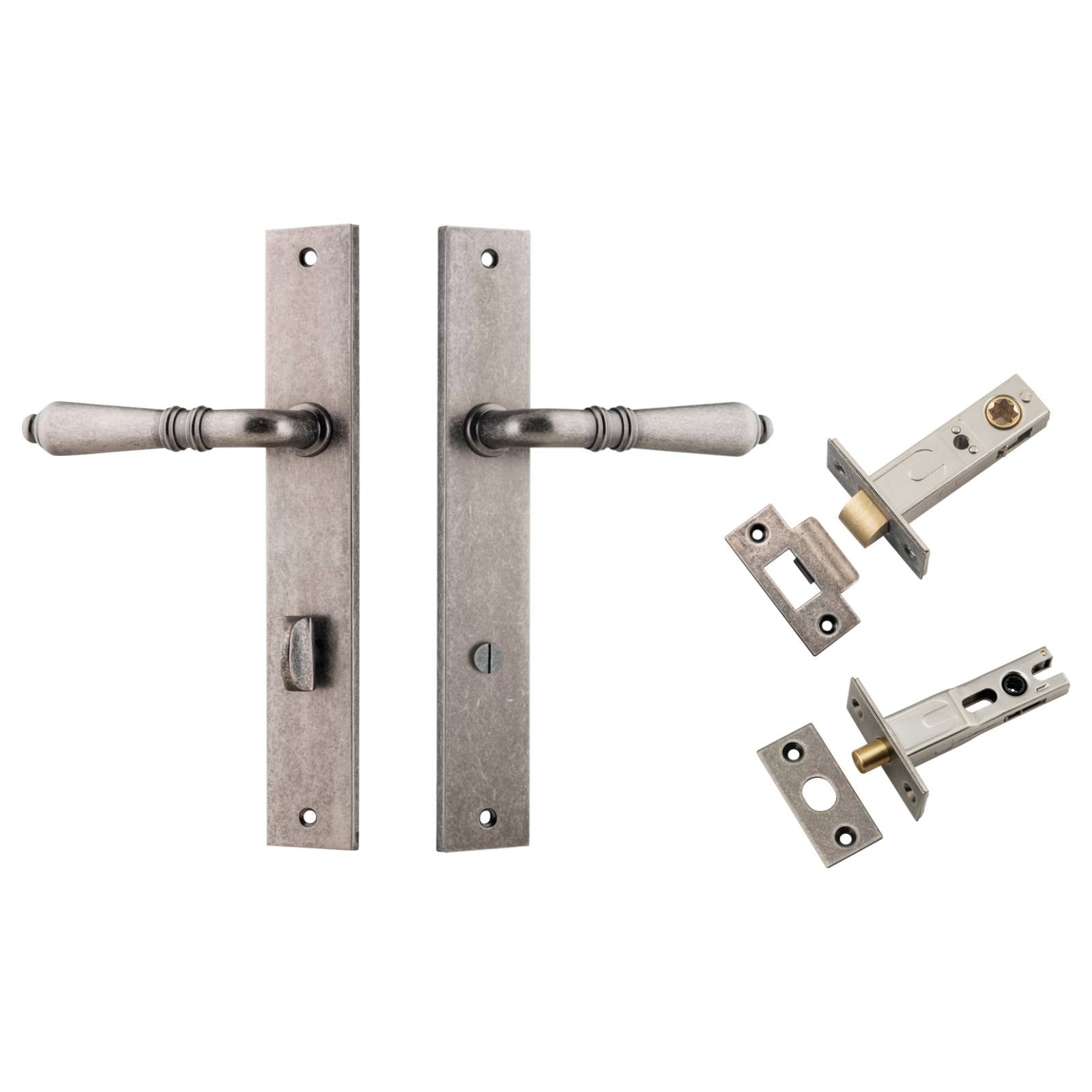 Sarlat Lever Rectangular Backplate Privacy Kit w Privacy Turn Distressed Nickel