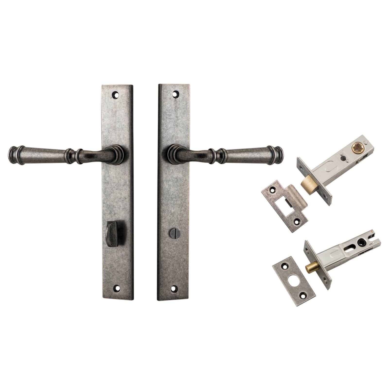 Verona Lever Rectangular Backplate Privacy Kit w Privacy Turn Distressed Nickel
