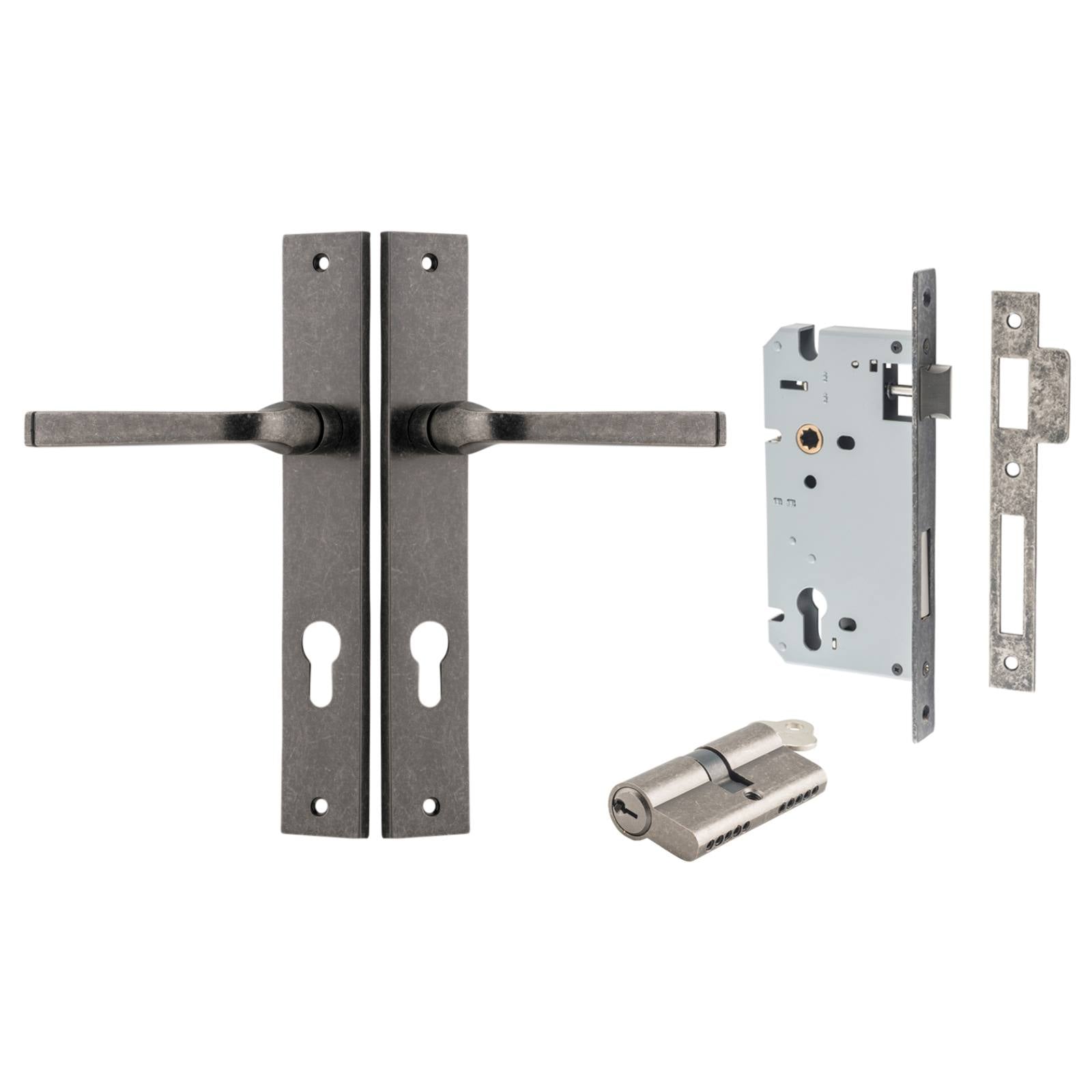 Annecy Lever Rectangular Backplate Entrance Kit w High Security Lock Distressed Nickel