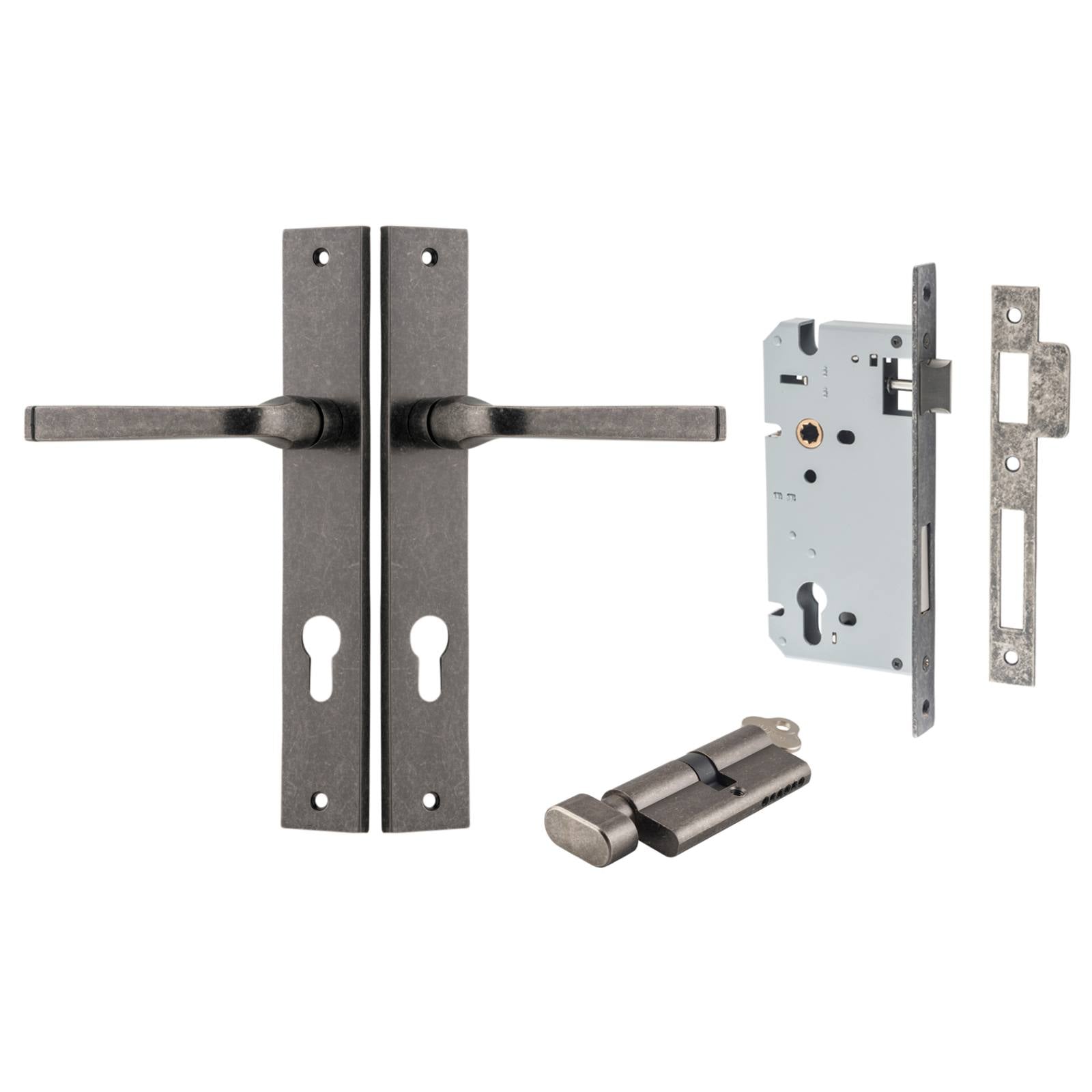 Annecy Lever Rectangular Backplate Entrance Kit w High Security Lock Distressed Nickel