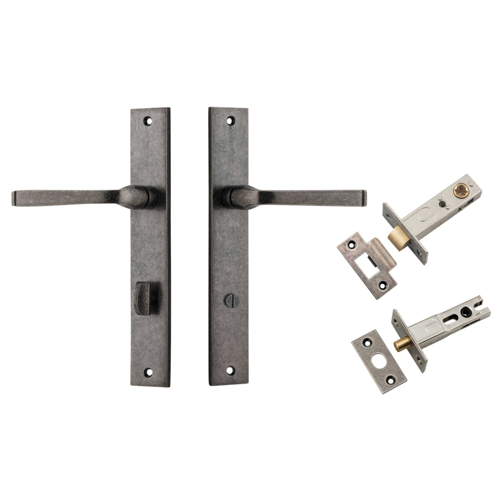 Annecy Lever Rectangular Backplate Privacy Kit w Privacy Turn Distressed Nickel