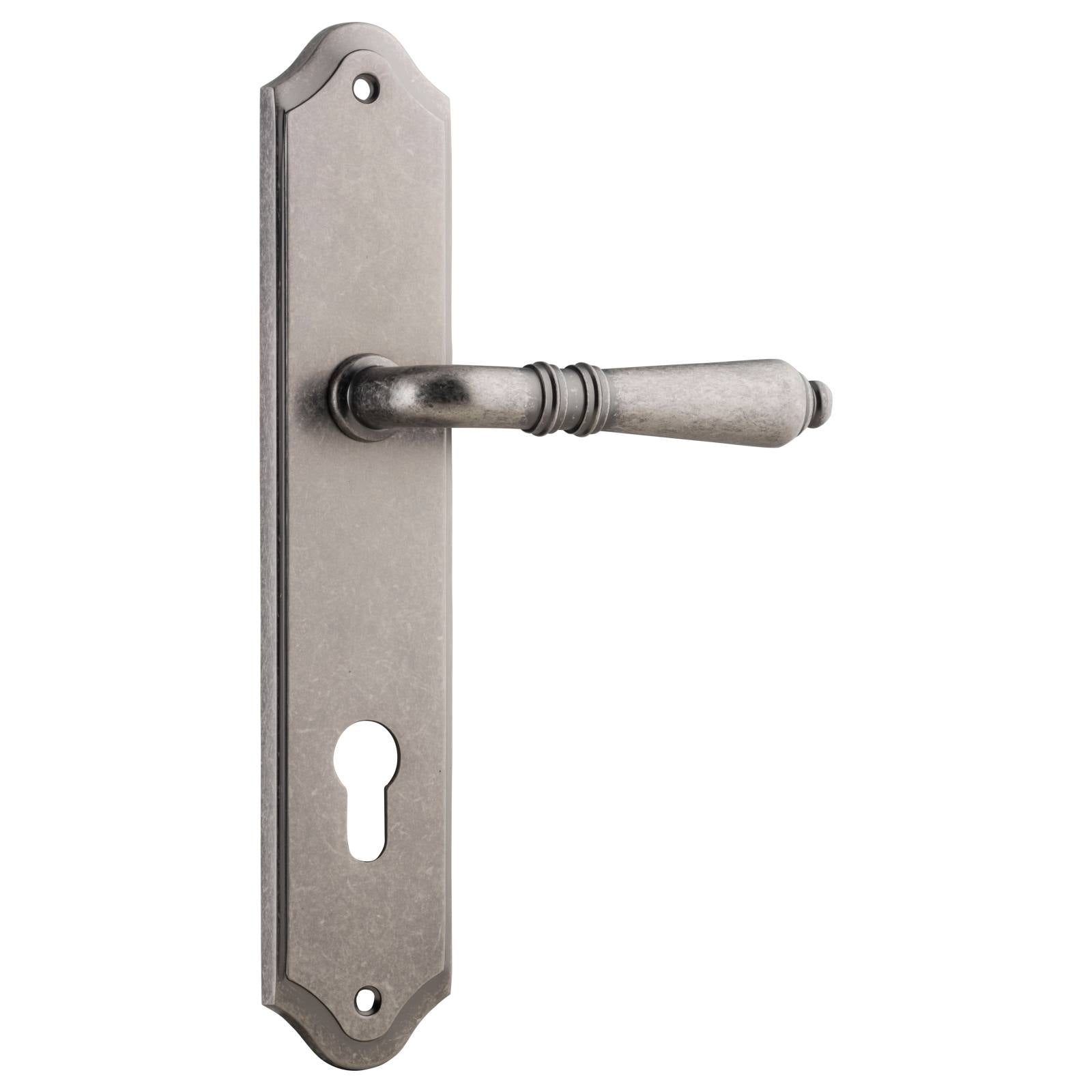 Sarlat Shouldered 85mm Euro Lever Set, Distressed Nickel