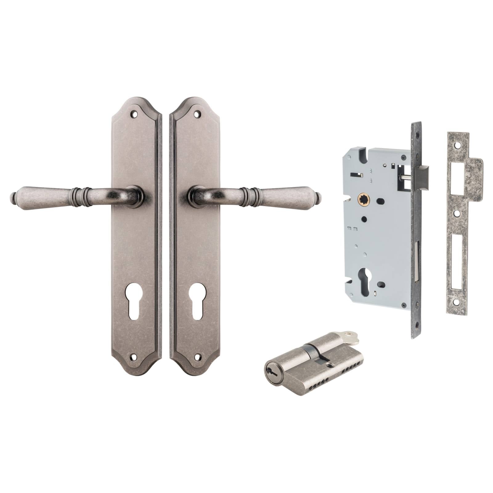 Sarlat Lever Shouldered Backplate Entrance Kit w High Security Lock Distressed Nickel