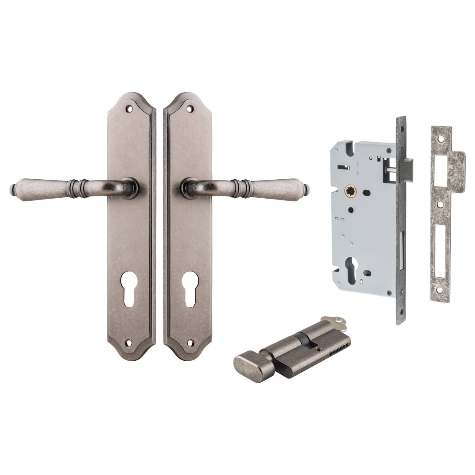 Sarlat Lever Shouldered Backplate Entrance Kit w High Security Lock Distressed Nickel