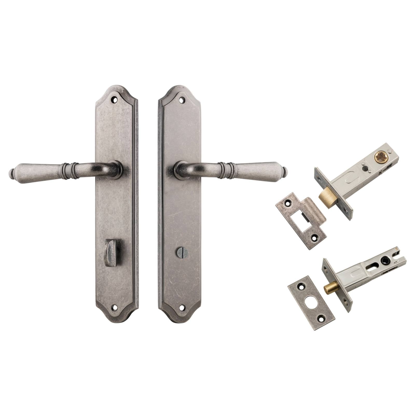 Sarlat Lever Shouldered Backplate Privacy Kit w Privacy Turn Distressed Nickel