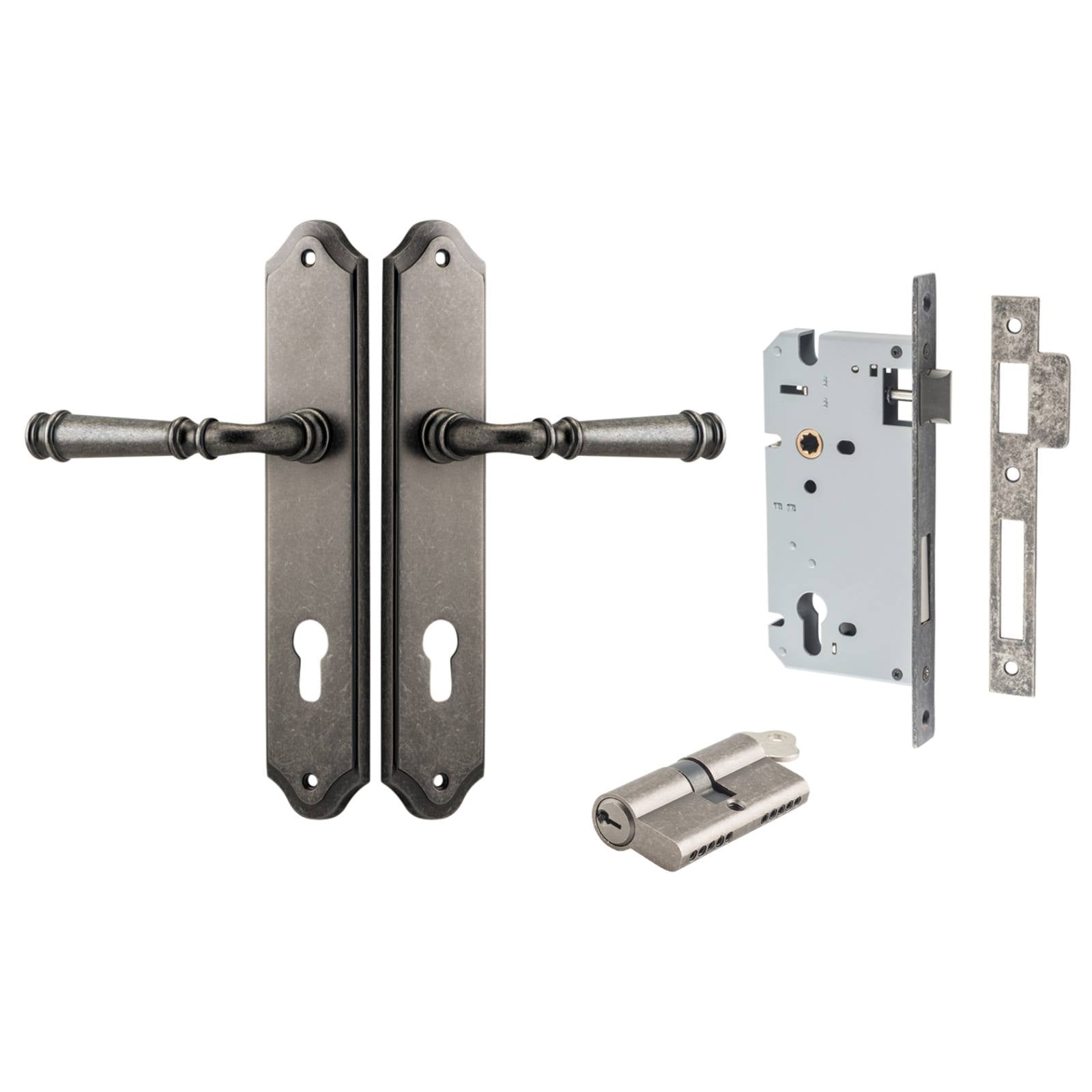 Verona Lever Shouldered Backplate Entrance Kit w High Security Lock Distressed Nickel