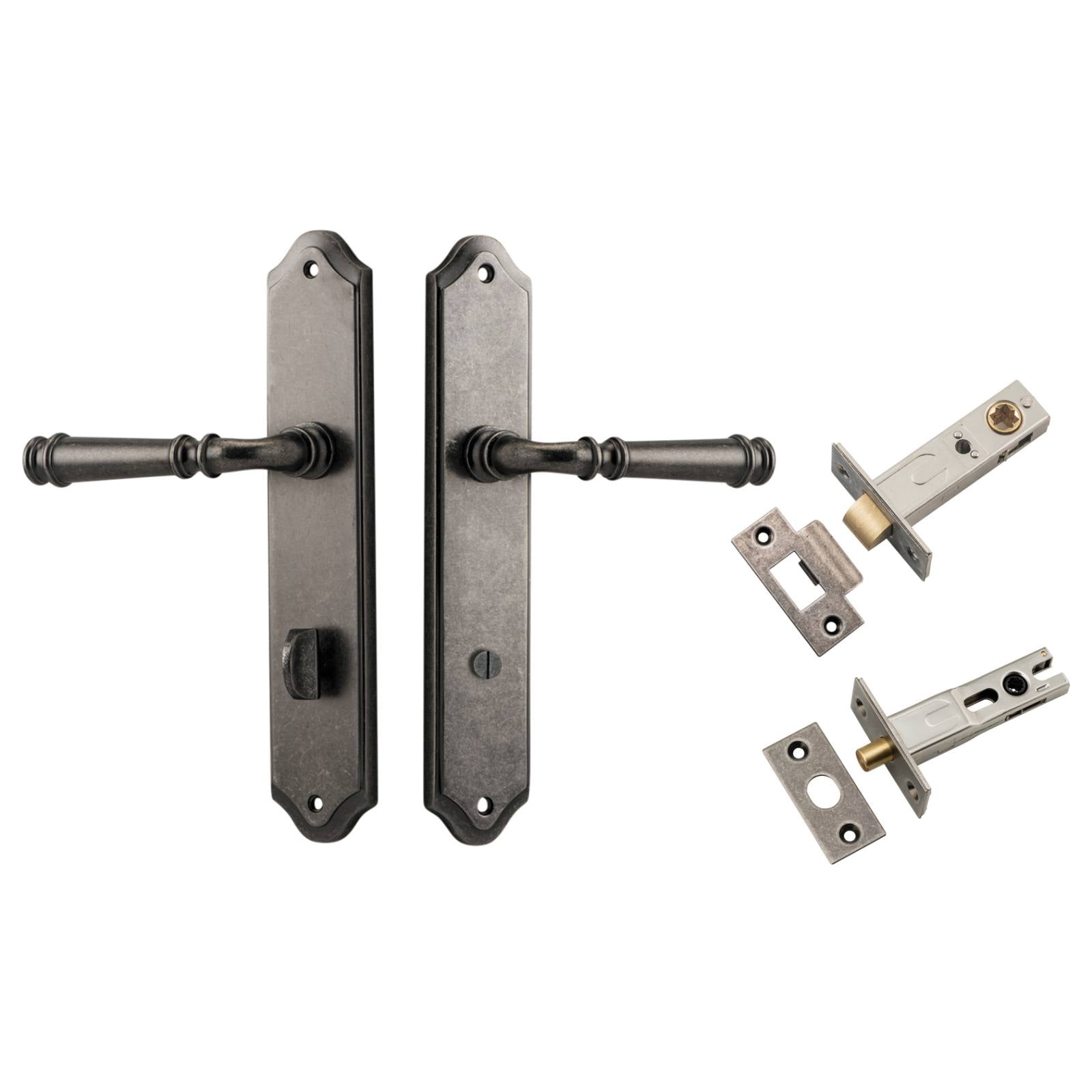 Verona Lever Shouldered Backplate Privacy Kit w Privacy Turn Distressed Nickel