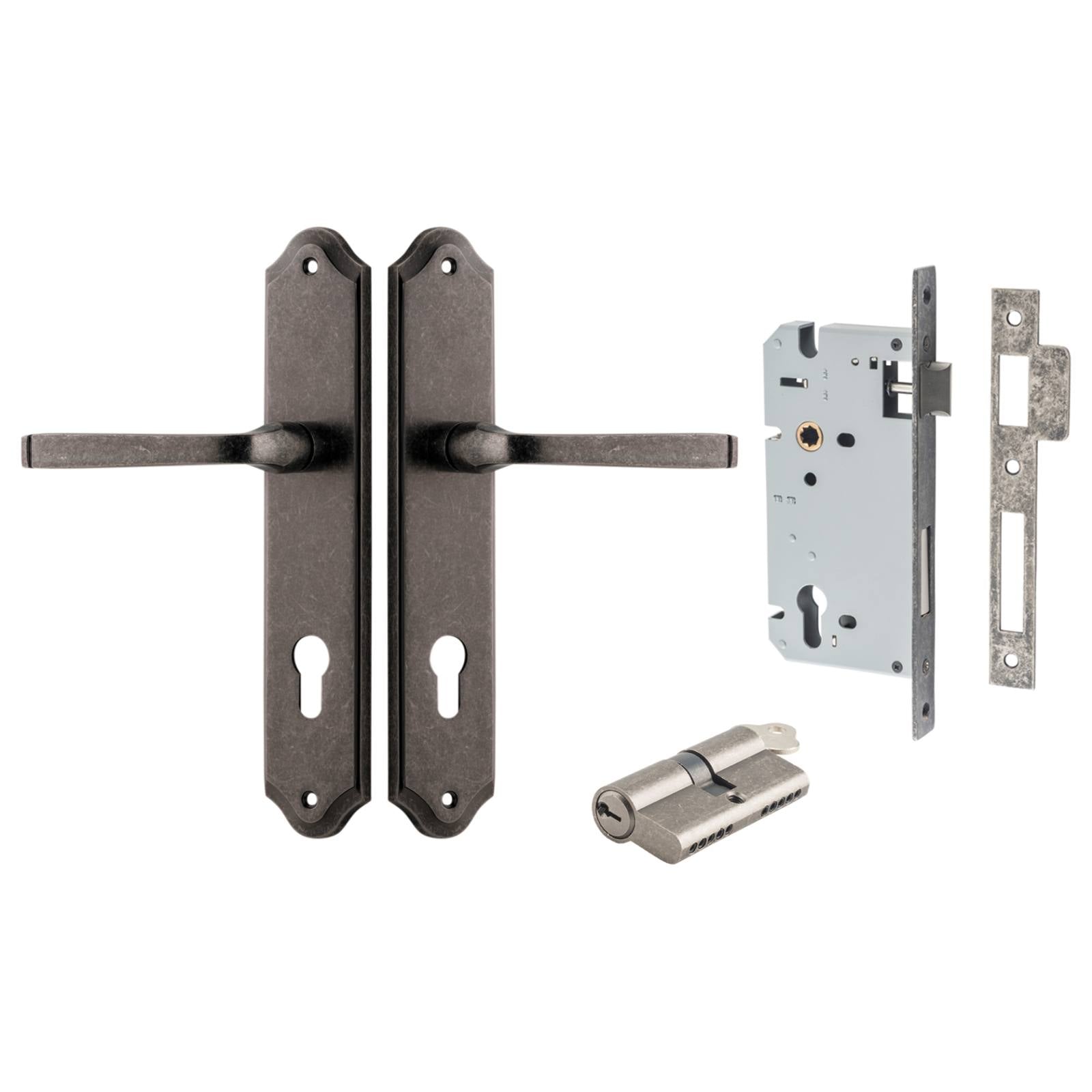 Annecy Lever Shouldered Backplate Entrance Kit w High Security Lock Distressed Nickel