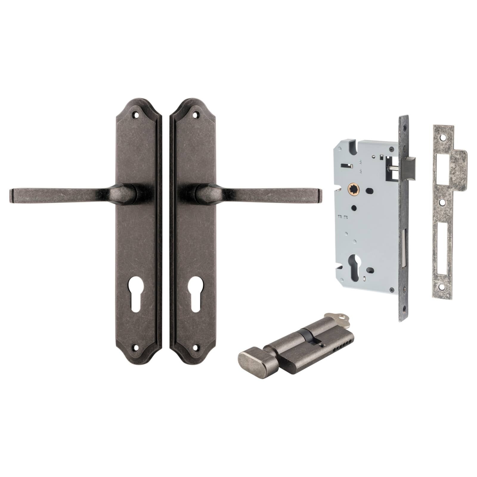 Annecy Lever Shouldered Backplate Entrance Kit w High Security Lock Distressed Nickel