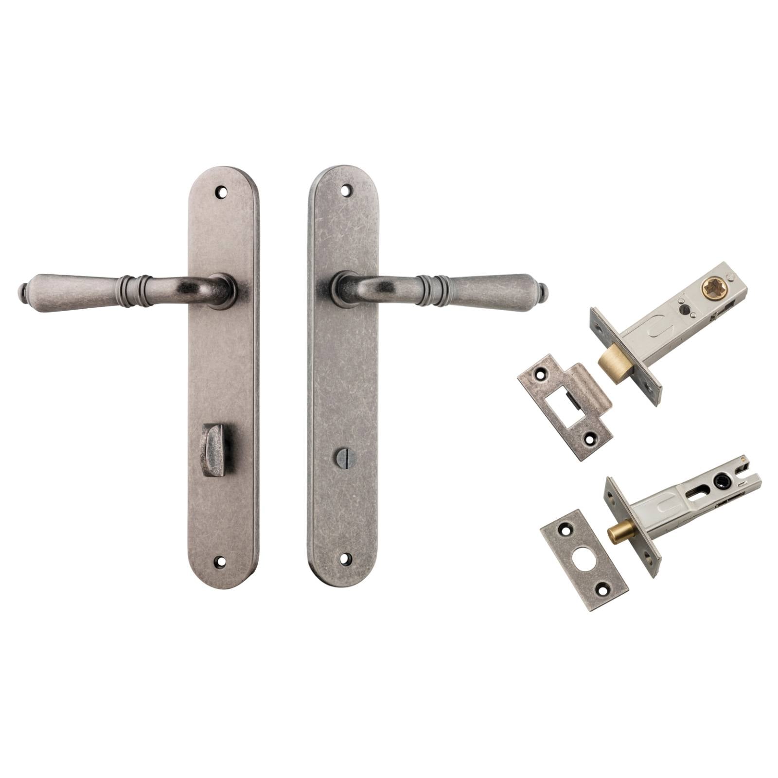 Sarlat Lever Oval Backplate Privacy Kit w Privacy Turn Distressed Nickel
