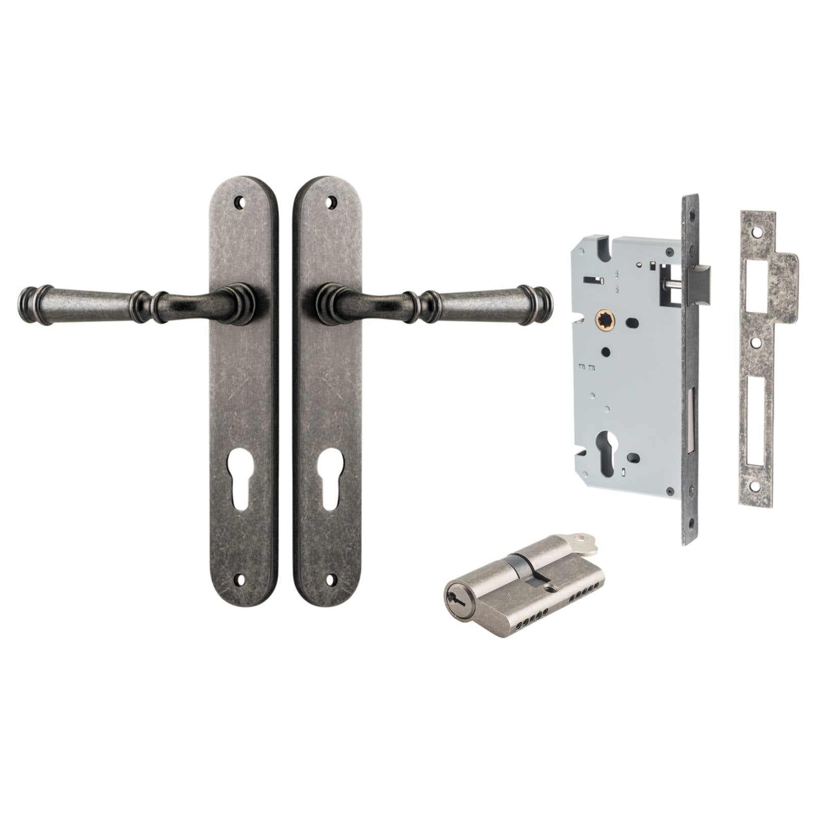 Verona Lever Oval Backplate Entrance Kit w High Security Lock Distressed Nickel