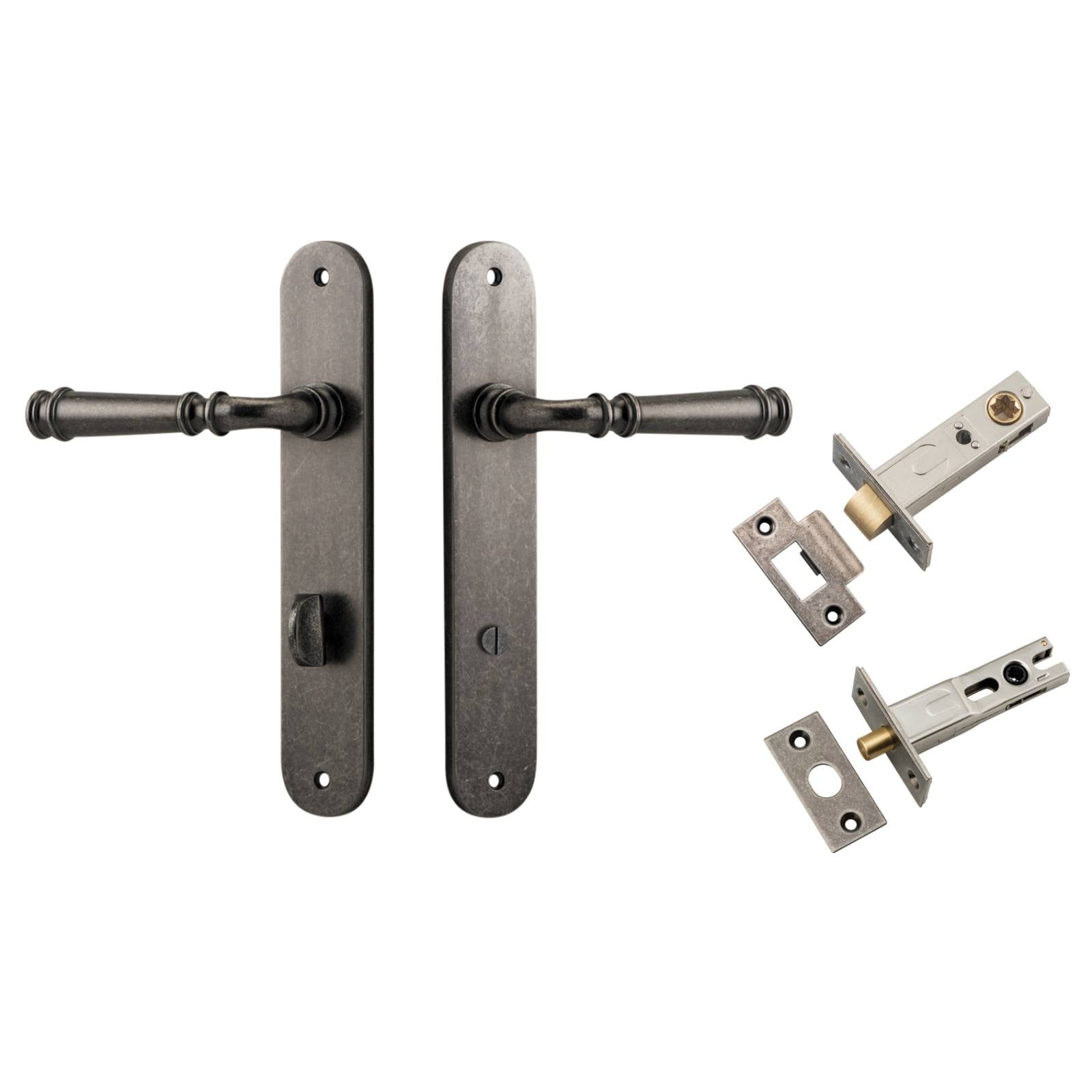 Verona Lever Oval Backplate Privacy Kit w Privacy Turn Distressed Nickel