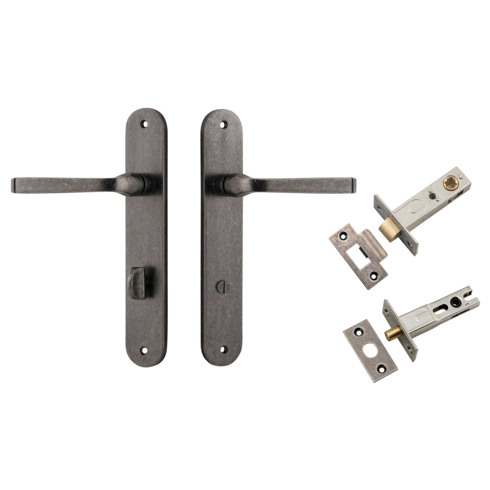 Annecy Lever Oval Backplate Privacy Kit w Privacy Turn Distressed Nickel