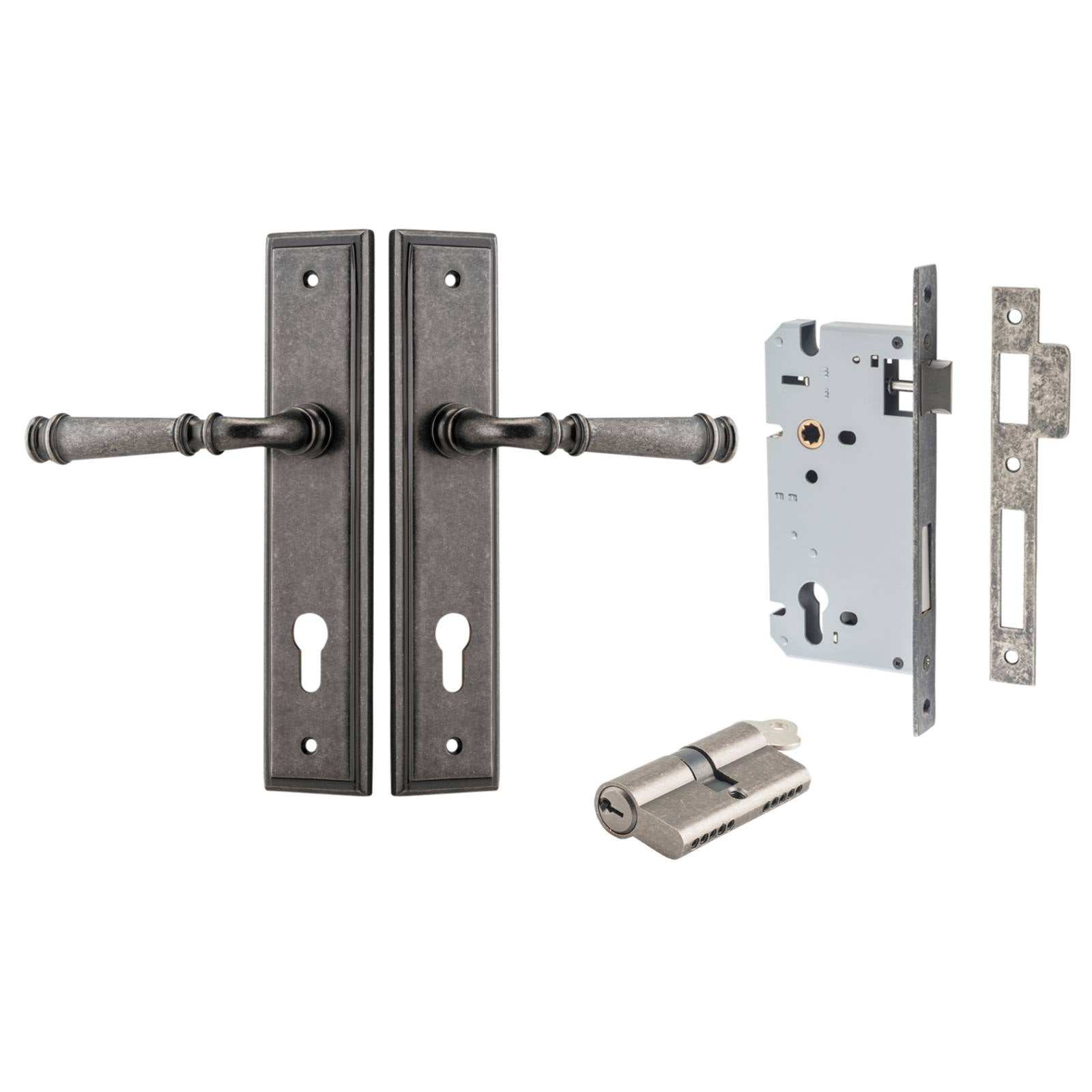 Verona Lever Stepped Backplate Entrance Kit w High Security Lock Distressed Nickel