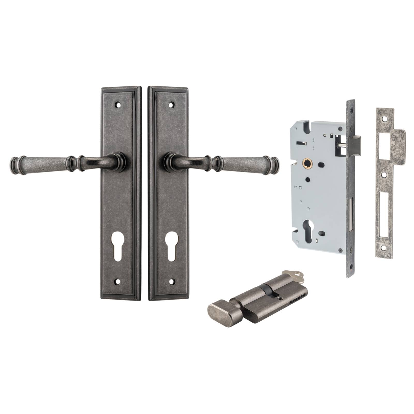 Verona Lever Stepped Backplate Entrance Kit w High Security Lock Distressed Nickel