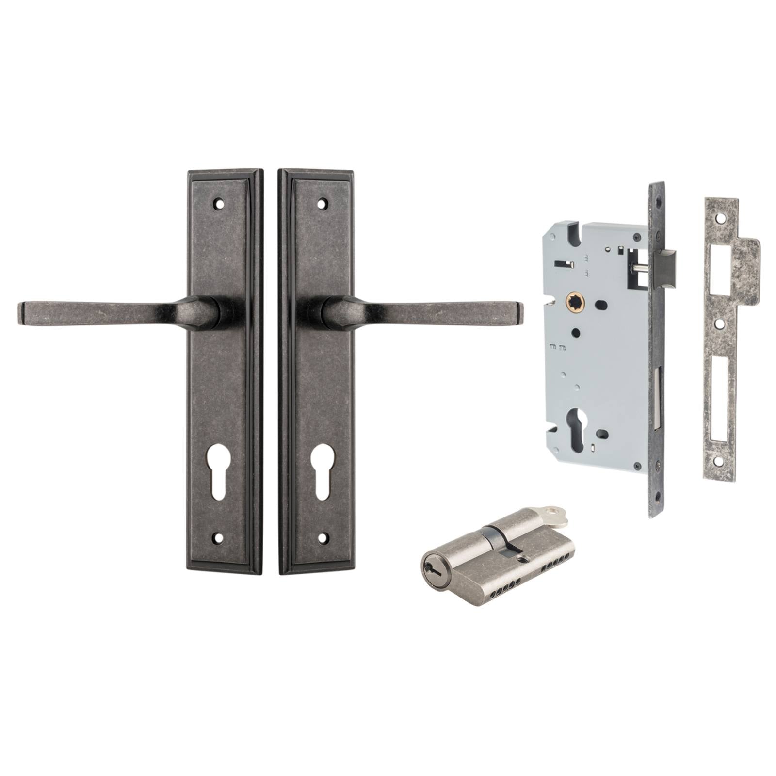 Annecy Lever Stepped Backplate Entrance Kit w High Security Lock Distressed Nickel
