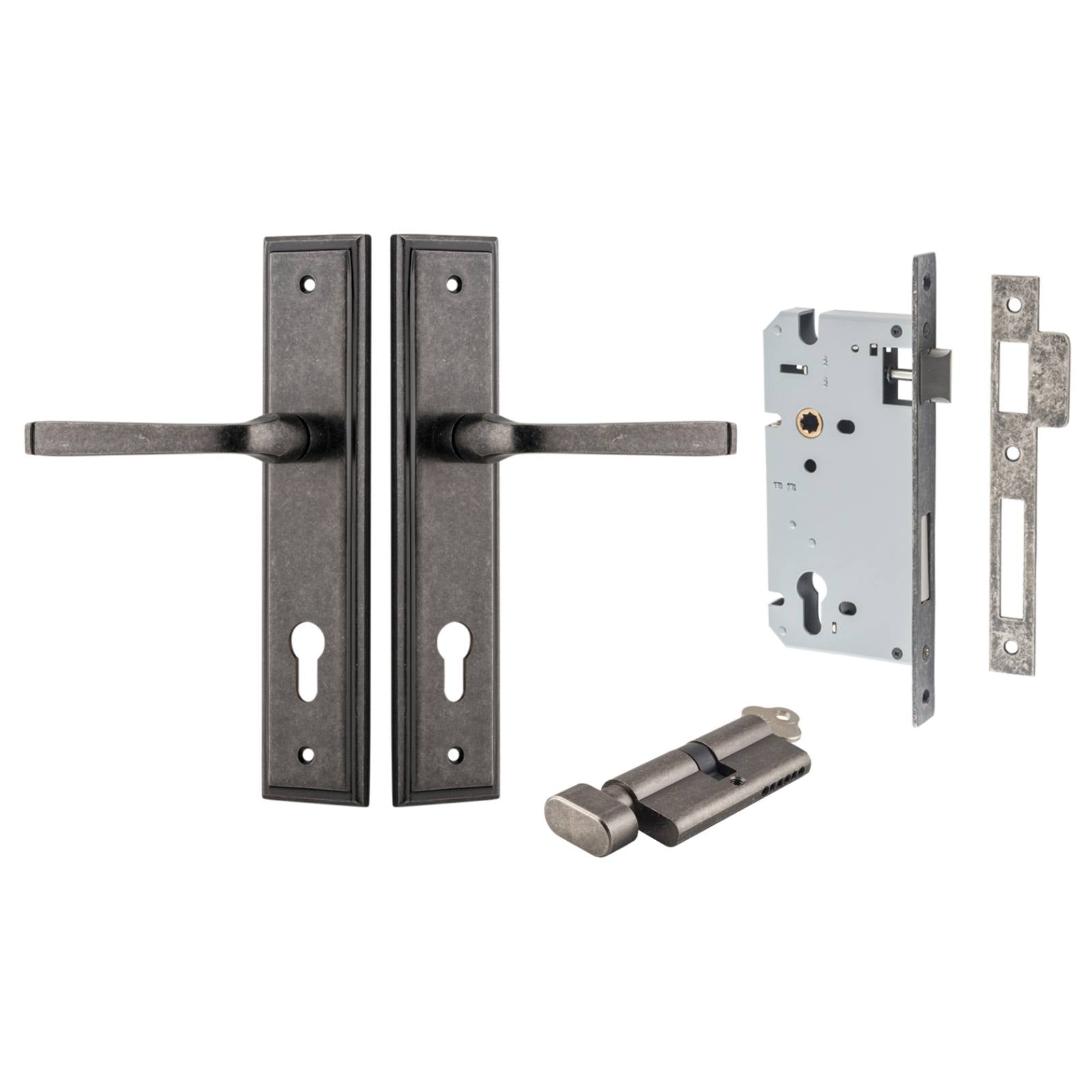 Annecy Lever Stepped Backplate Entrance Kit w High Security Lock Distressed Nickel