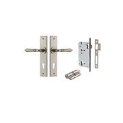 Sarlat Lever Chamfered Backplate Entrance Kit w High Security Lock Distressed Nickel