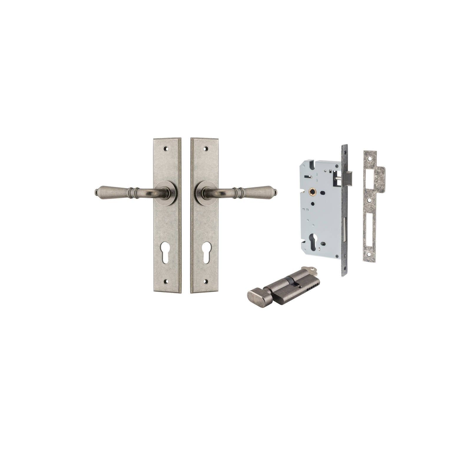 Sarlat Lever Chamfered Backplate Entrance Kit w High Security Lock Distressed Nickel