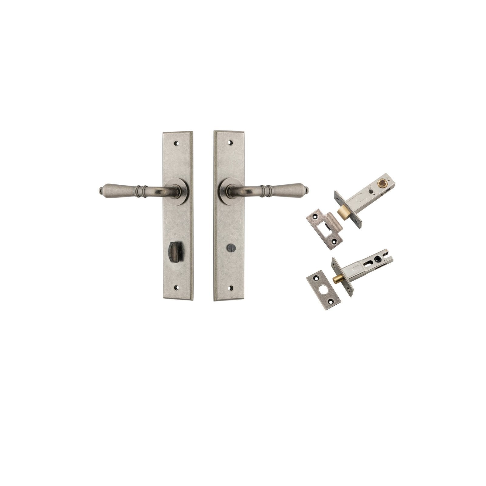 Sarlat Lever Chamfered Backplate Privacy Kit w Privacy Turn Distressed Nickel