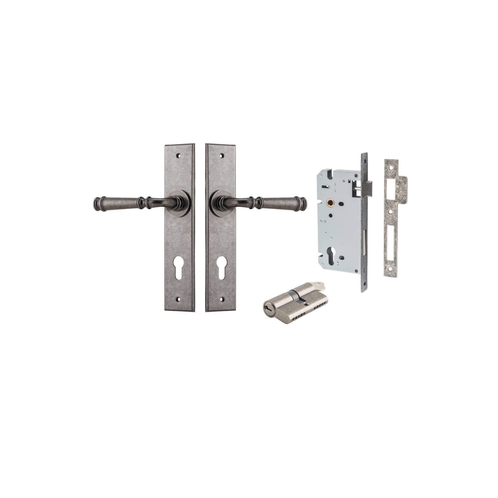 Verona Lever Chamfered Backplate Entrance Kit w High Security Lock Distressed Nickel
