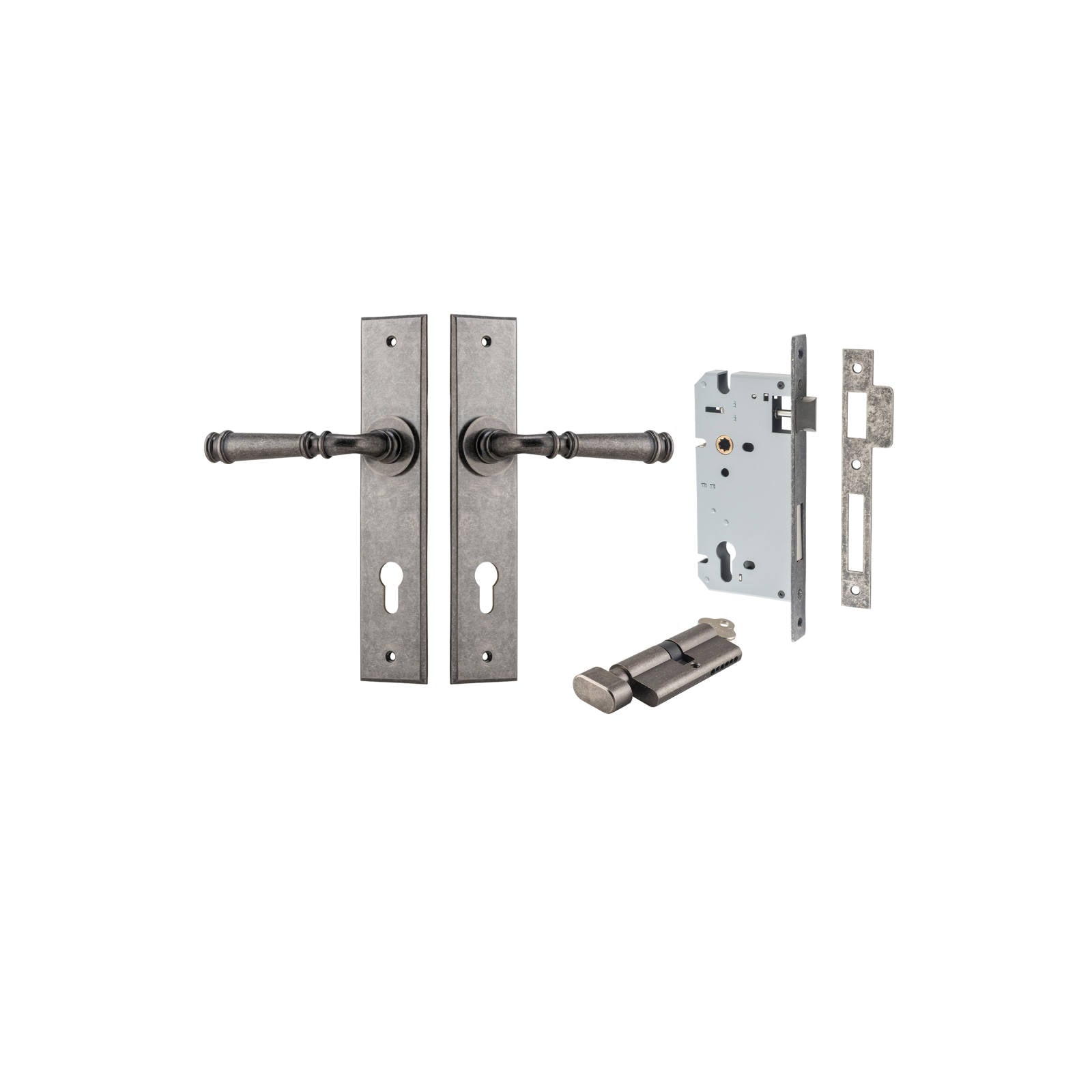 Verona Lever Chamfered Backplate Entrance Kit w High Security Lock Distressed Nickel