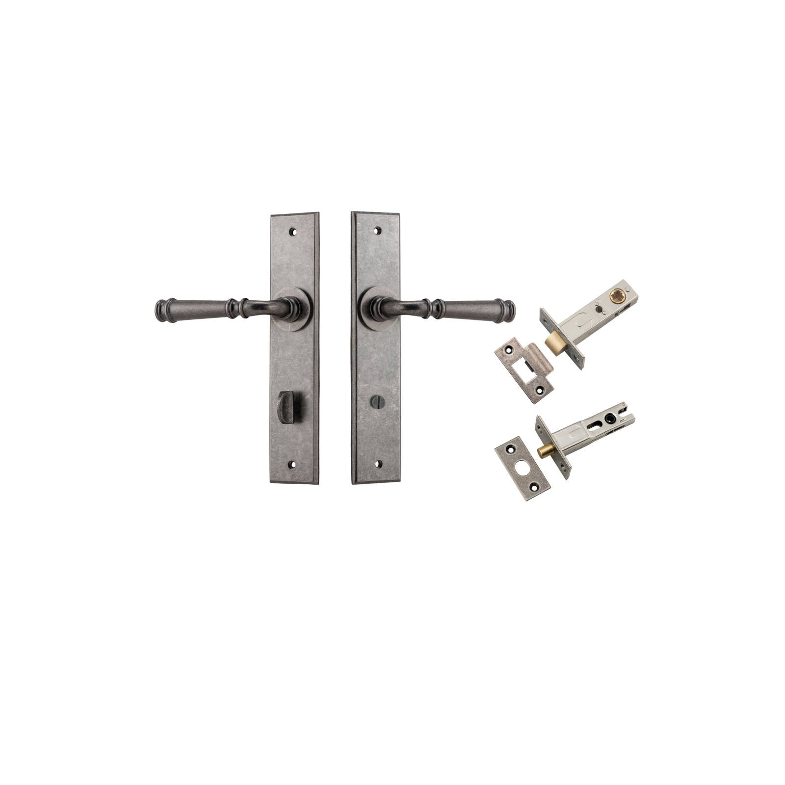 Verona Lever Chamfered  Backplate Privacy Kit w Privacy Turn Distressed Nickel