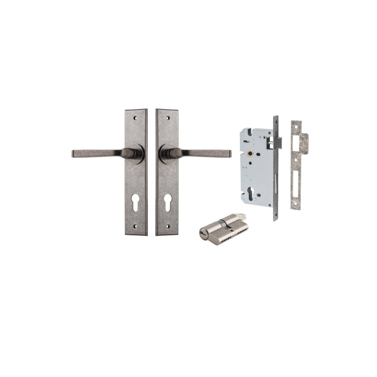Annecy Lever Chamfered Backplate Entrance Kit w High Security Lock Distressed Nickel