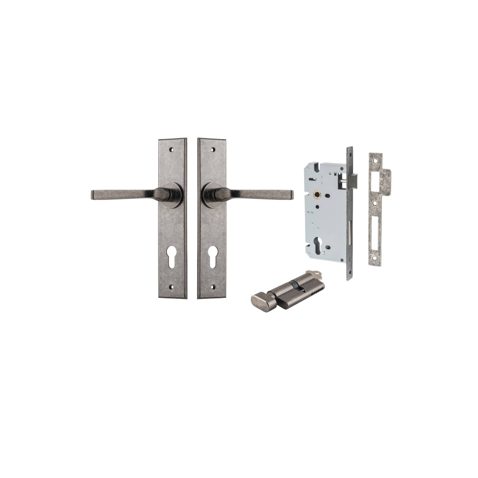 Annecy Lever Chamfered Backplate Entrance Kit w High Security Lock Distressed Nickel