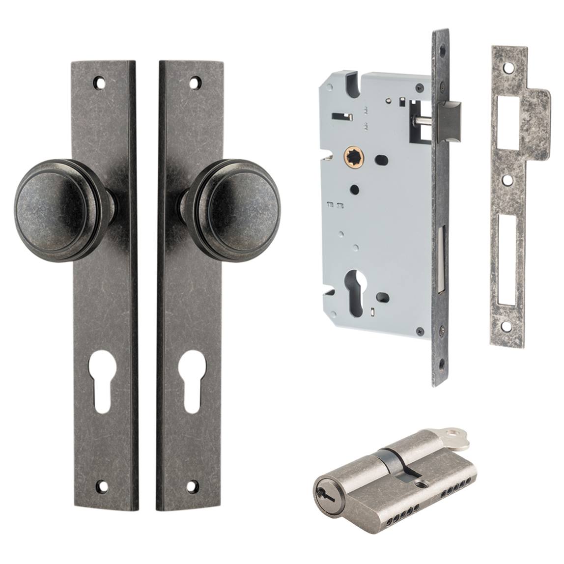Paddington Knob Rectangular Backplate Entrance Kit w High Security Lock Distressed Nickel