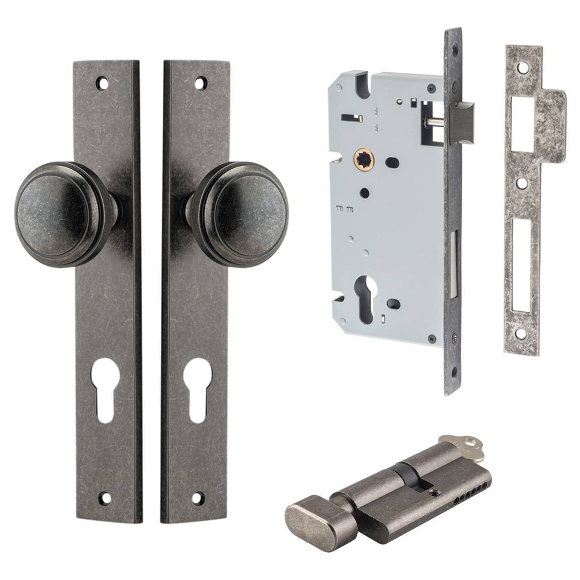 Paddington Knob Rectangular Backplate Entrance Kit w High Security Lock Distressed Nickel