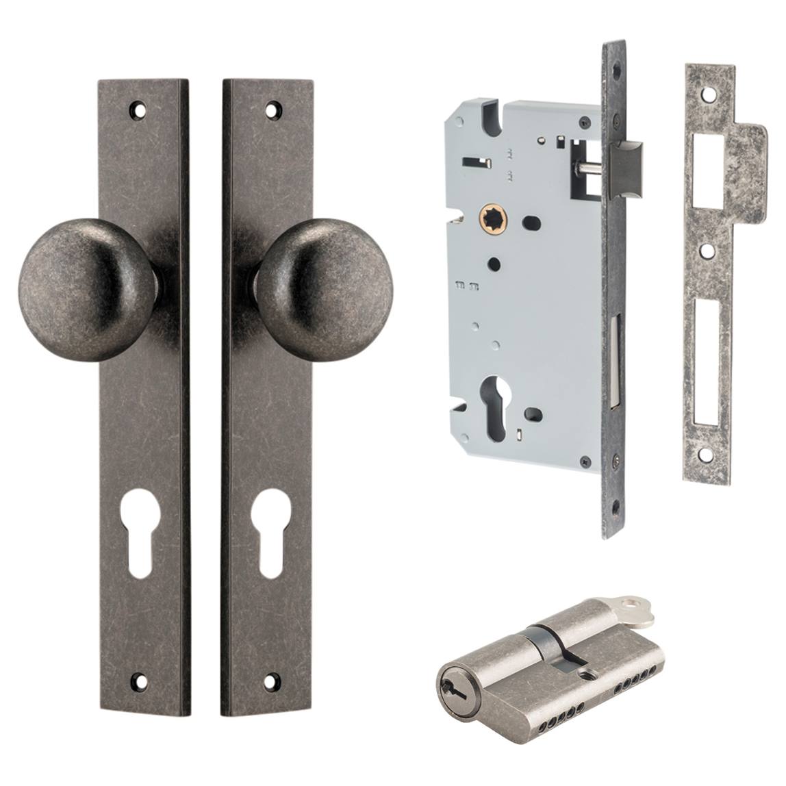 Cambridge Knob Rectangular Backplate Entrance Kit w High Security Lock Distressed Nickel
