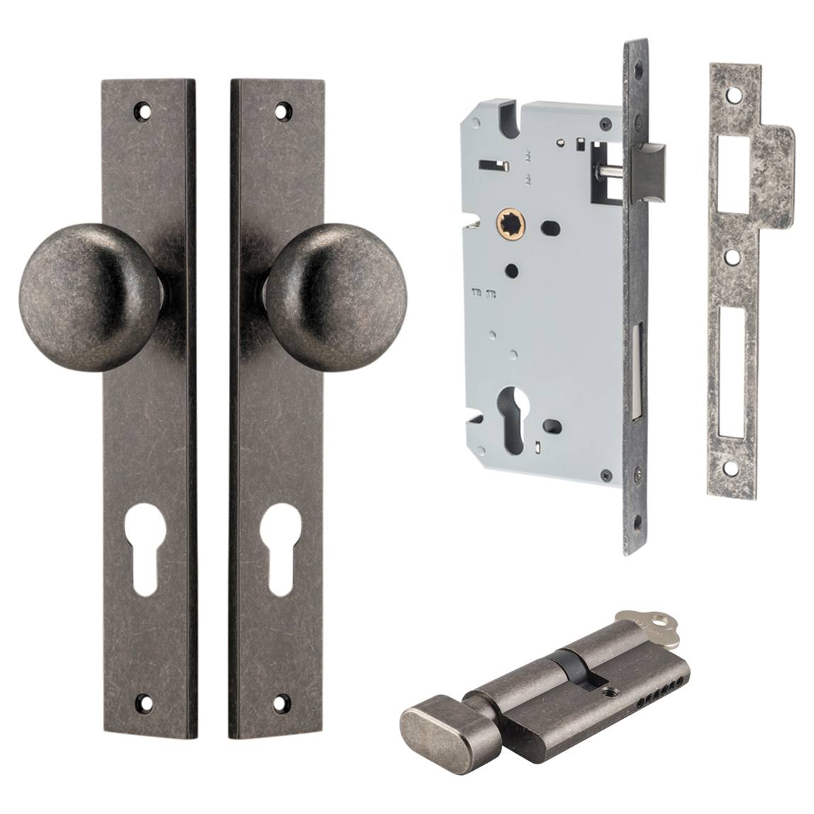 Cambridge Knob Rectangular Backplate Entrance Kit w High Security Lock Distressed Nickel