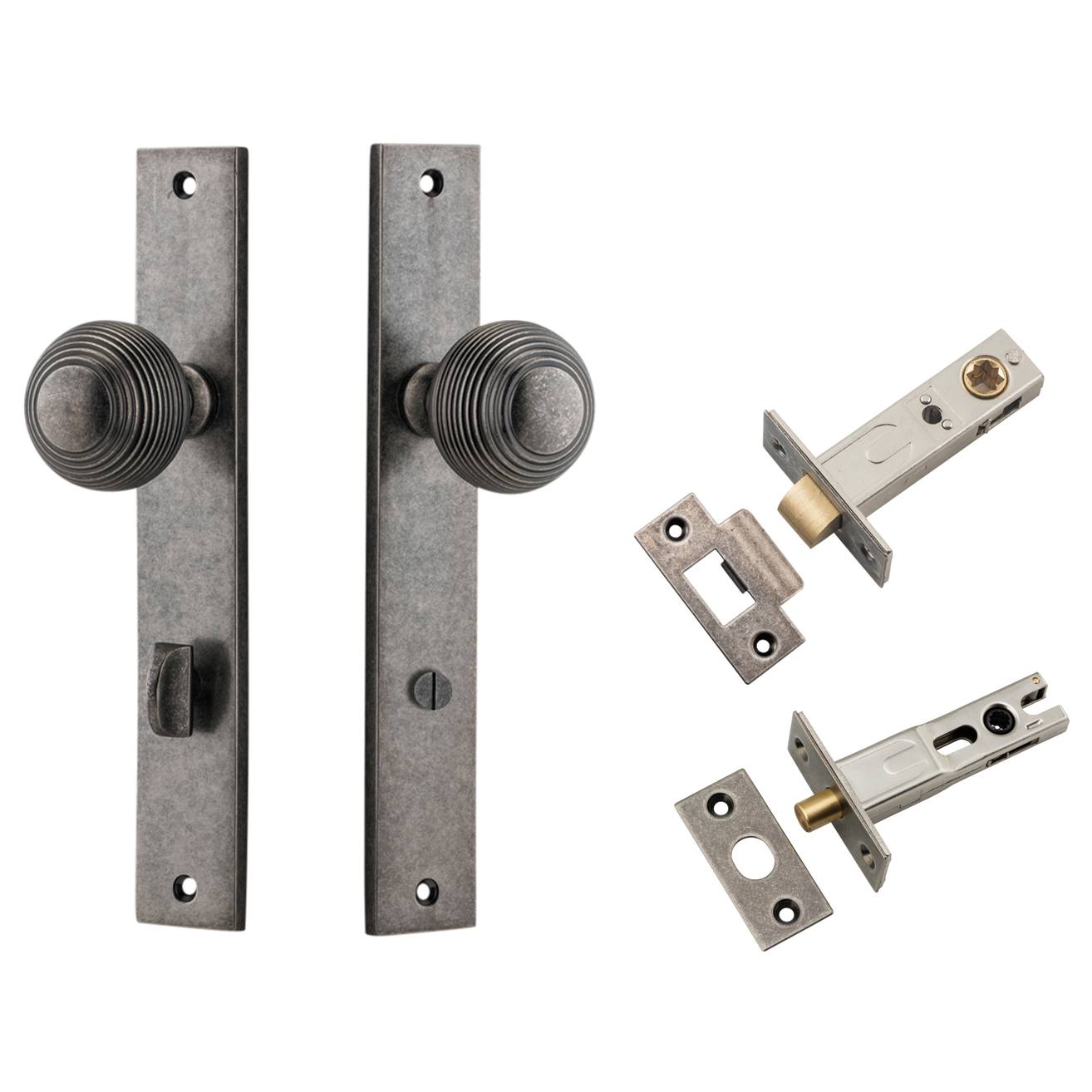 Guildford Knob Rectangular Backplate Privacy Kit w Privacy Turn Distressed Nickel