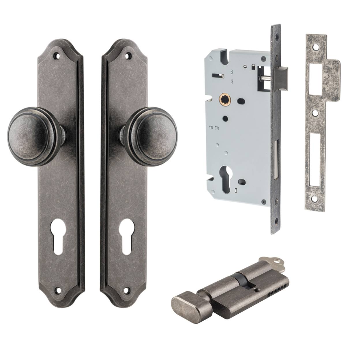 Paddington Knob Shouldered Backplate Entrance Kit w High Security Lock Distressed Nickel