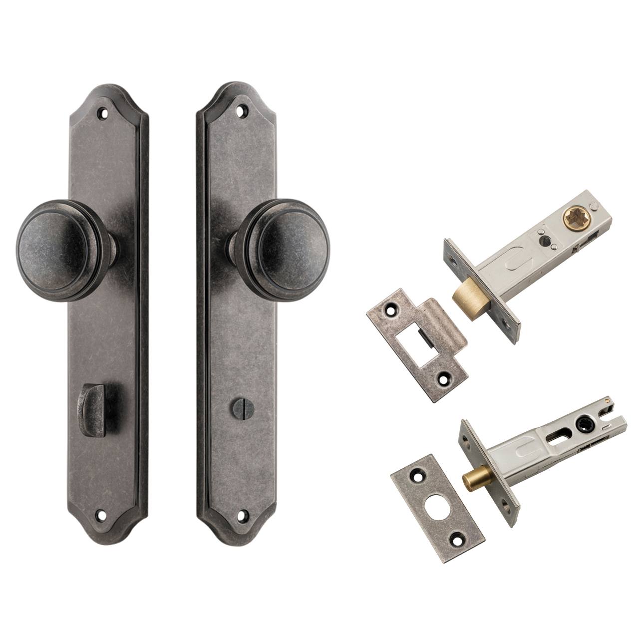 Paddington Knob Shouldered Backplate Privacy Kit w Privacy Turn Distressed Nickel