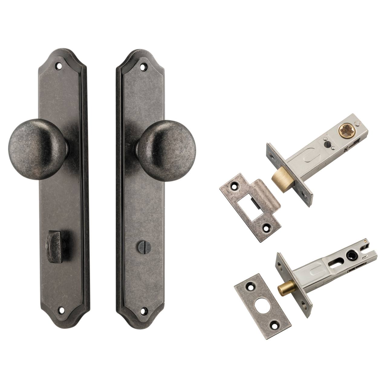 Cambridge Knob Shouldered Backplate Privacy Kit w Privacy Turn Distressed Nickel