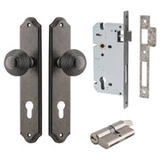 Guildford Knob Shouldered Backplate Entrance Kit w High Security Lock Distressed Nickel