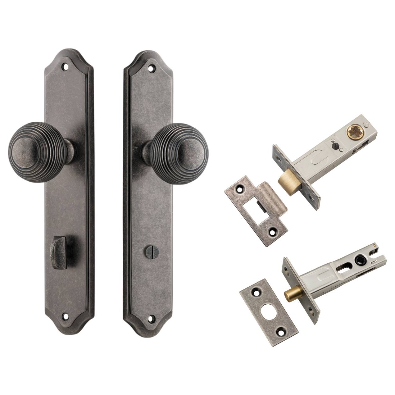 Guildford Knob Shouldered Backplate Privacy Kit w Privacy Turn Distressed Nickel