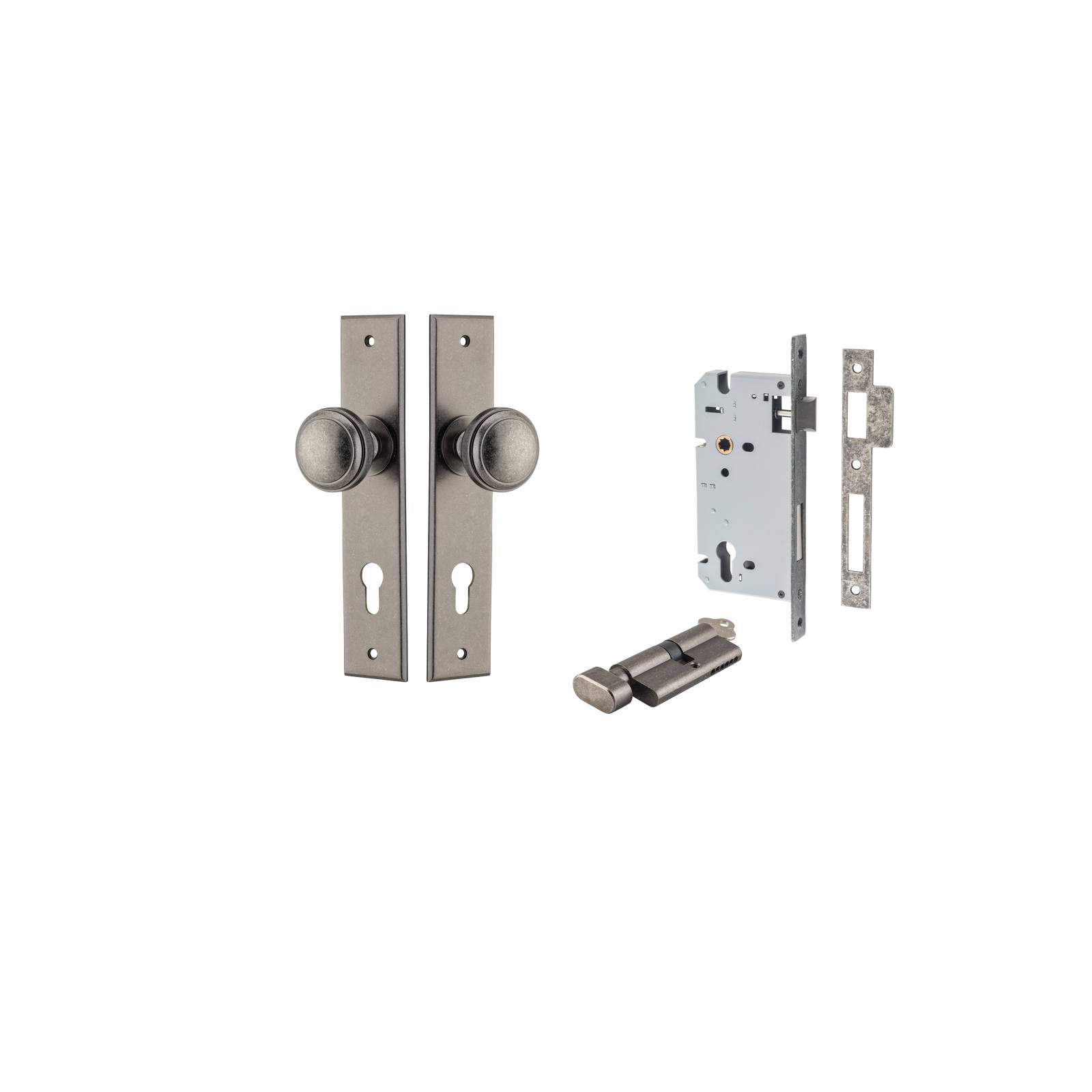 Paddington Knob Chamfered Backplate Entrance Kit w High Security Lock Distressed Nickel