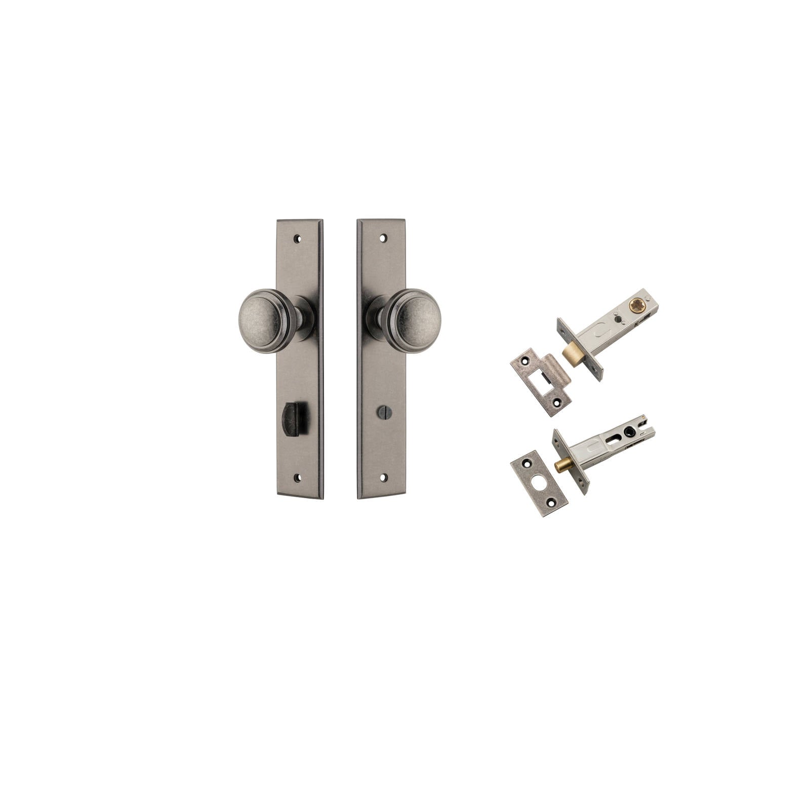 Paddington Knob Chamfered Backplate Privacy Kit w Privacy Turn Distressed Nickel