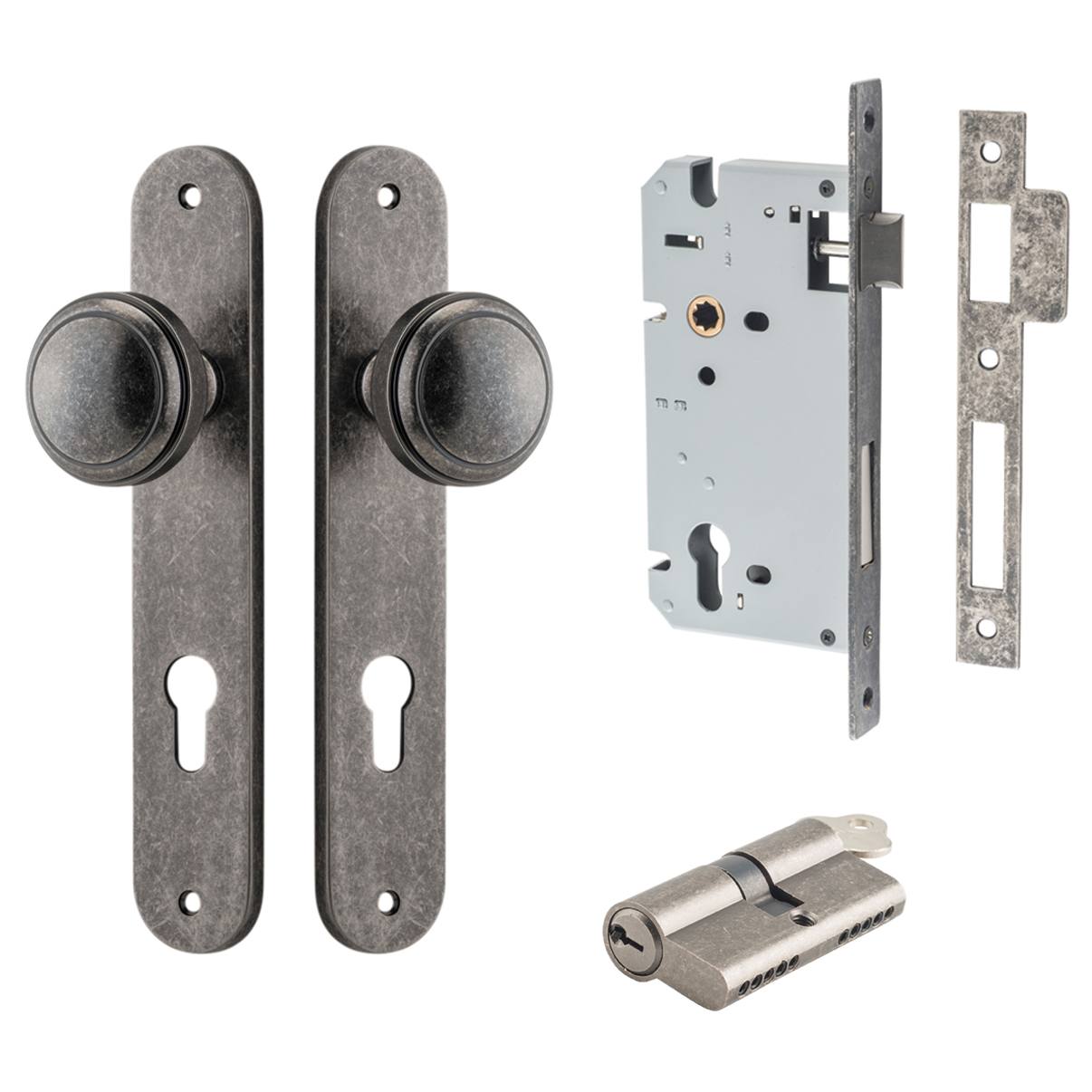 Paddington Knob Oval Backplate Entrance Kit w High Security Lock Distressed Nickel