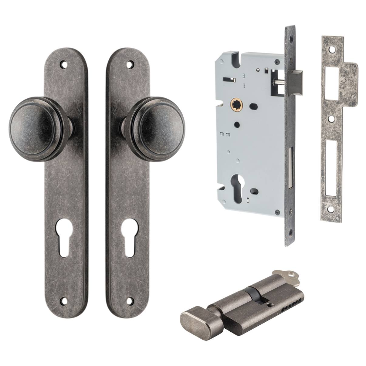 Paddington Knob Oval Backplate Entrance Kit w High Security Lock Distressed Nickel
