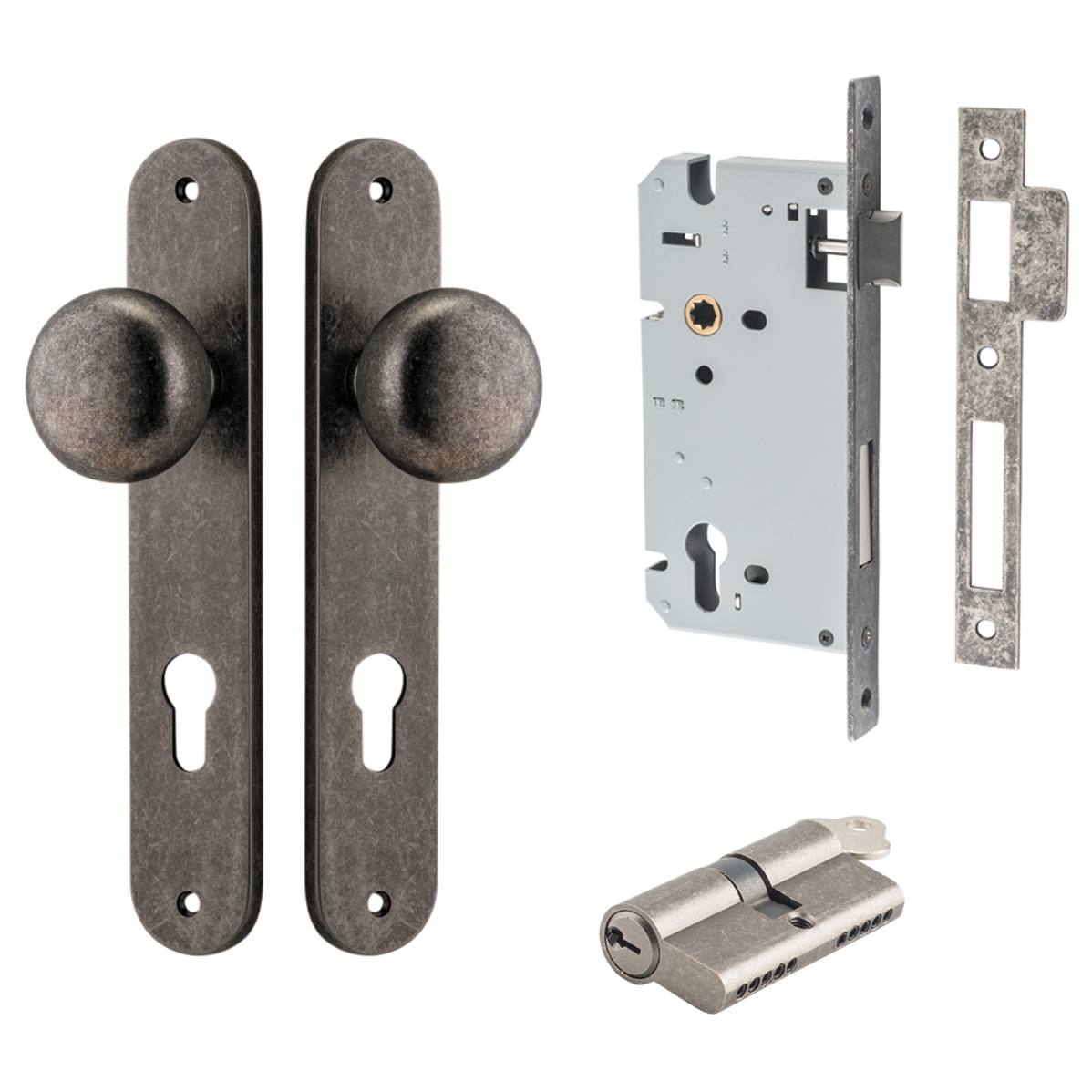 Cambridge Knob Oval Backplate Entrance Kit w High Security Lock Distressed Nickel