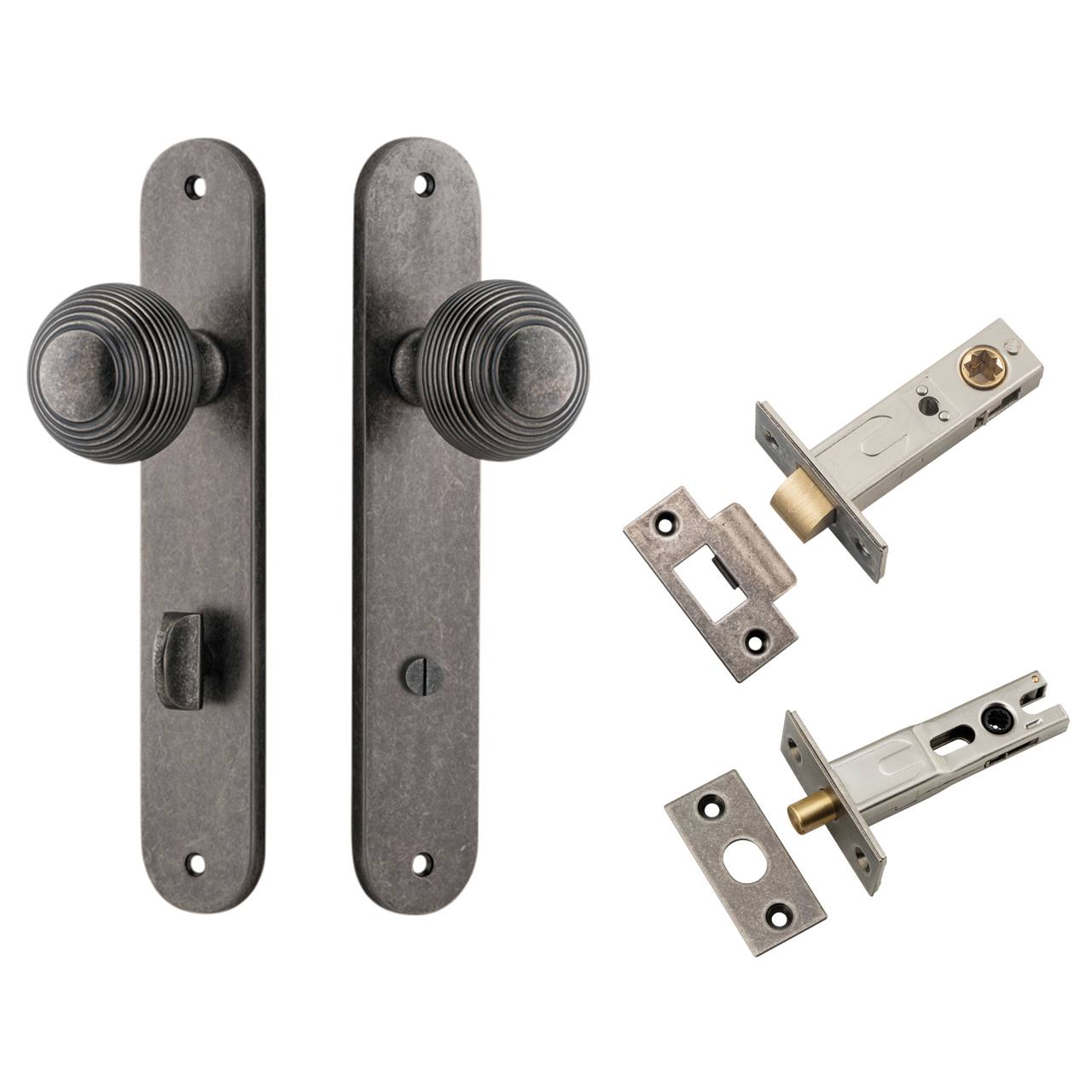 Guildford Knob Oval Backplate Privacy Kit w Privacy Turn Distressed Nickel