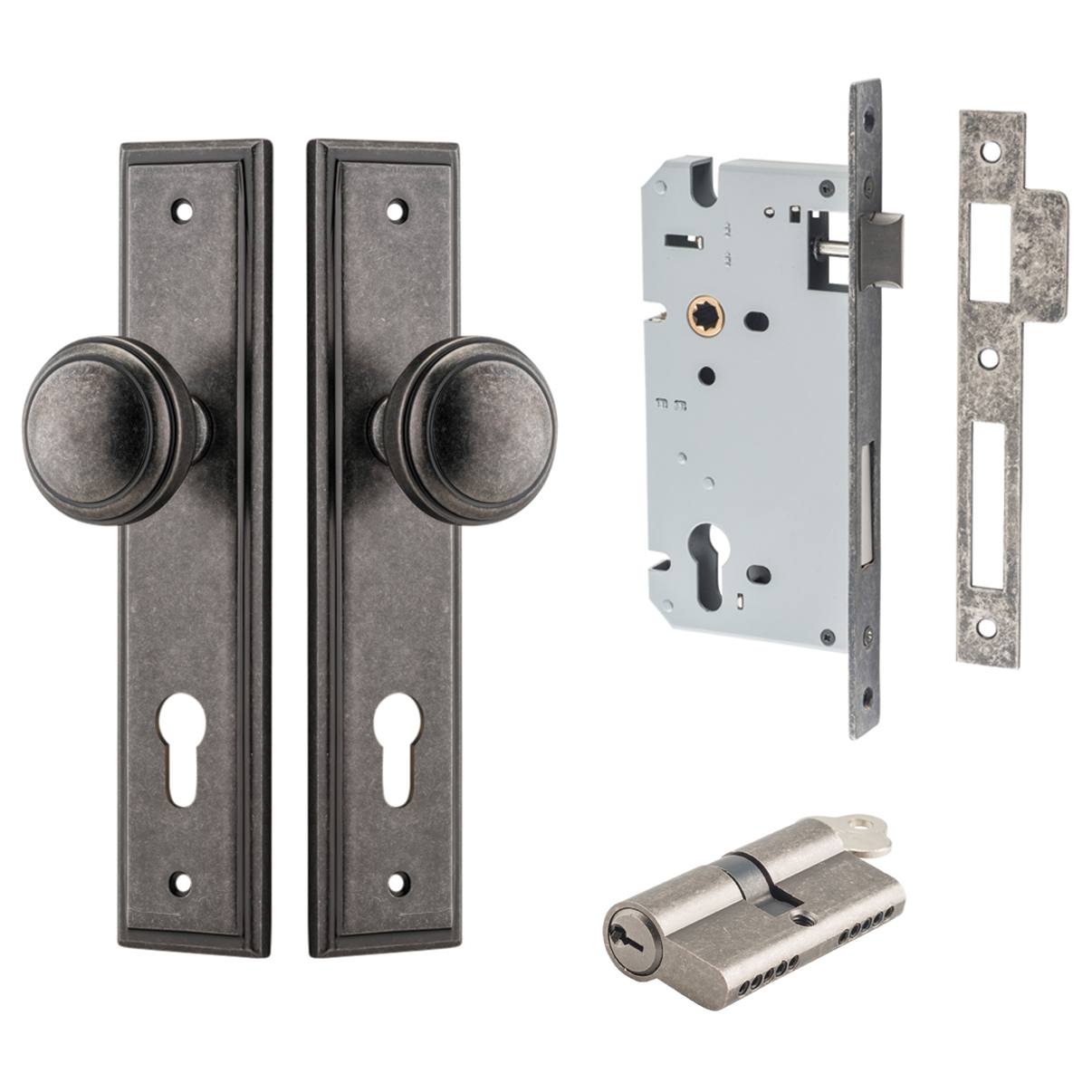 Paddington Knob Stepped Backplate Entrance Kit w High Security Lock Distressed Nickel