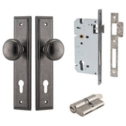 Paddington Knob Stepped Backplate Entrance Kit w High Security Lock Distressed Nickel